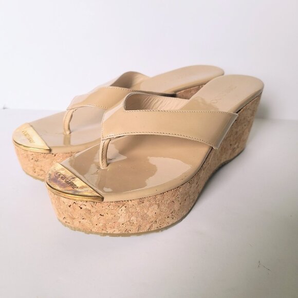 Jimmy Choo Tan Cream Patent Leather Cork Platform Thong Sandals Size EU 38 - Picture 8 of 11